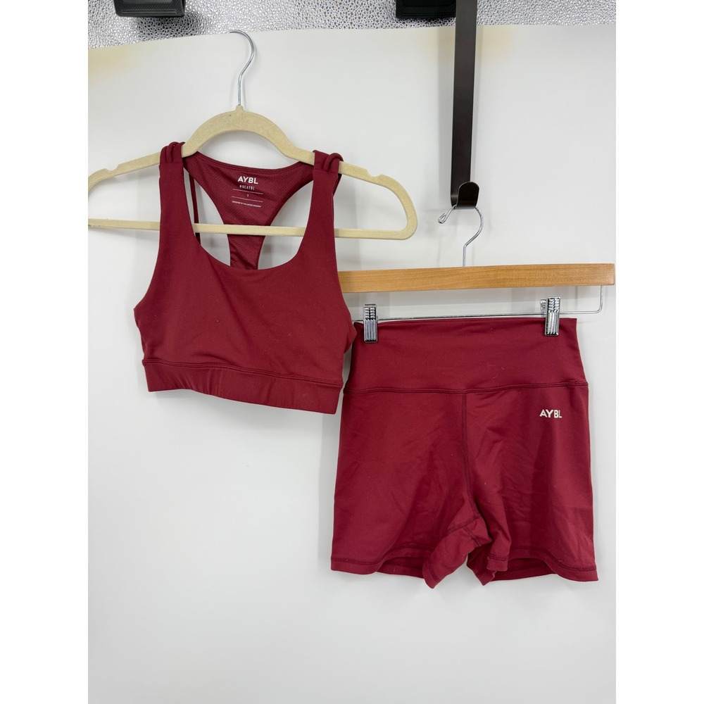 AYBL Training Set Womens Size Small Burgundy Racerback Bra and High Waist Shorts